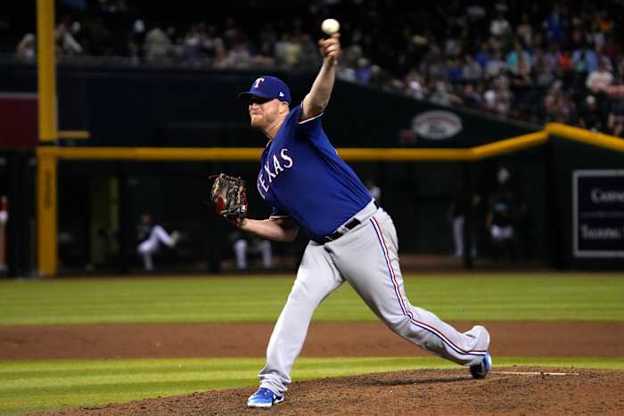 Aug 21, 2023; Phoenix, Arizona, USA; Texas Rangers relief pitcher Will Smith (51) throws against the Arizona Diamondbacks during the eleventh inning at Chase Field. Mandatory Credit: Rick Scuteri-USA TODAY Sports